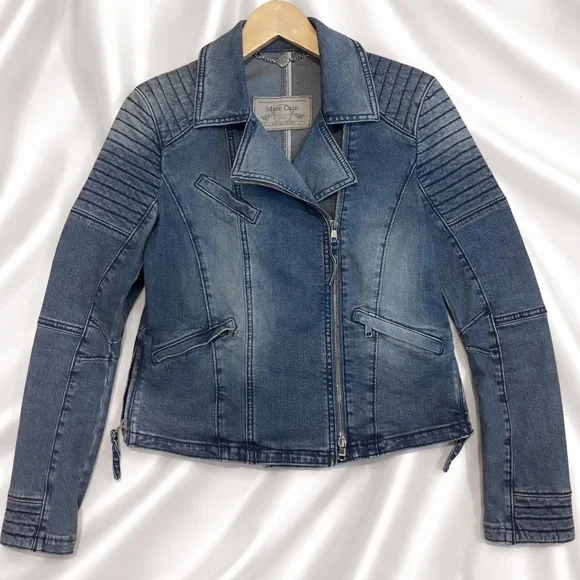 Marc Cain Blue Denim Biker Jacket  Quilted Moto Shoulders & Asymmetric Zip jeans - Picture 4 of 14